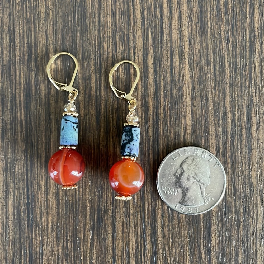 HAND CRAFTED EARRINGS Sodalite and Carnelian with Crystals - Picture 4 of 10